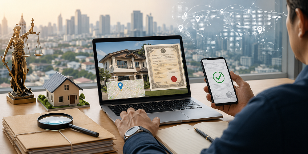 NRI verifying Indian property documents online through digital title search and remote legal review for safe real estate investment. 
